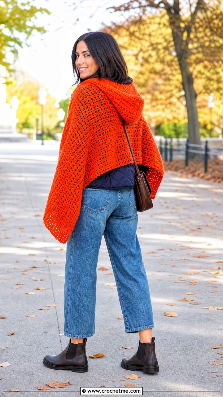 Hooded Prayer Shawl With Barrel Leg Jeans - 35 crochet prayer shawl outfit ideas