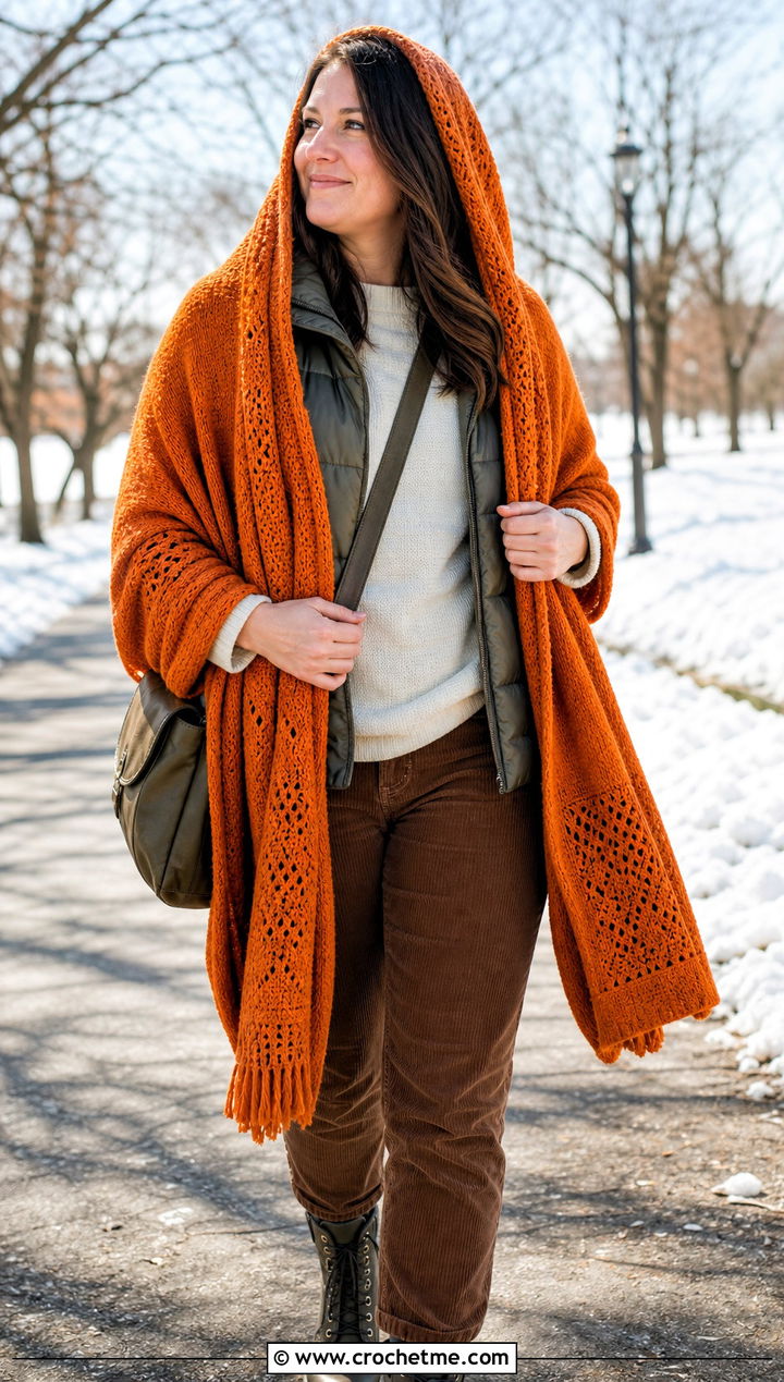 Hooded Prayer Shawl With Puffer Vest And Corduroy Pants - 15 Crochet Prayer Shawl Amazing Grace outfit ideas