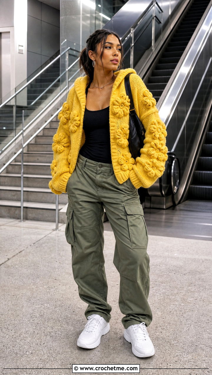Hooded Puff Flower Cardigan With Cargo Pants - 15 Crochet Puff Flower Cardigan outfit ideas