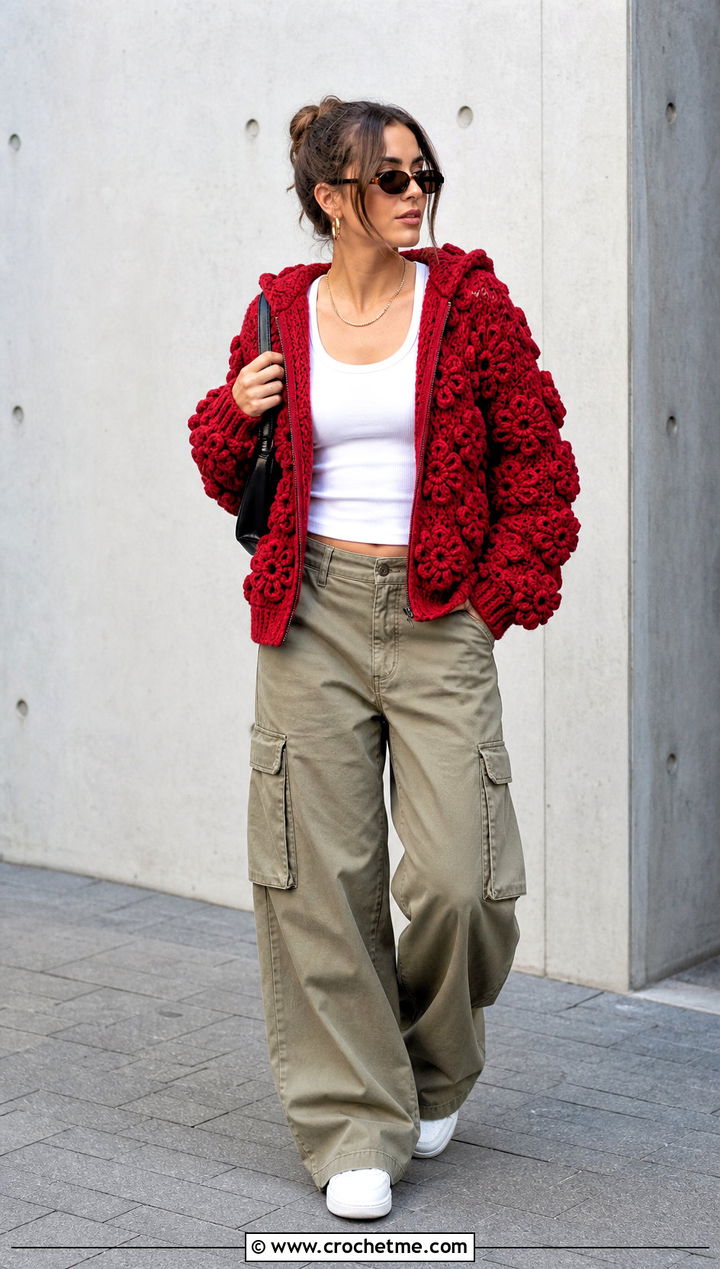 Hooded Puff Flower Crochet Cardigan With Cargo Pants - 25 puff flower crochet cardigan outfit ideas