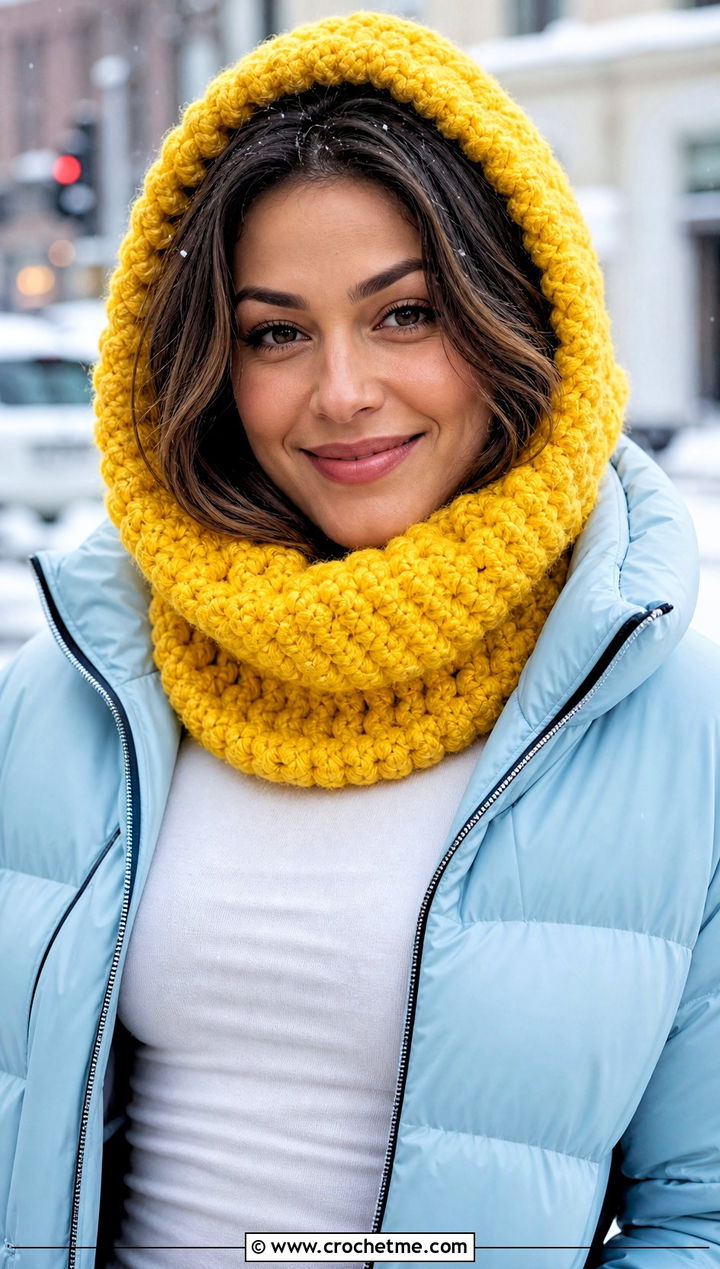 Hooded Puff Stitch Scarf With Puffer Coat And Joggers - 15 Playful Puffs Crochet Scarf outfit ideas