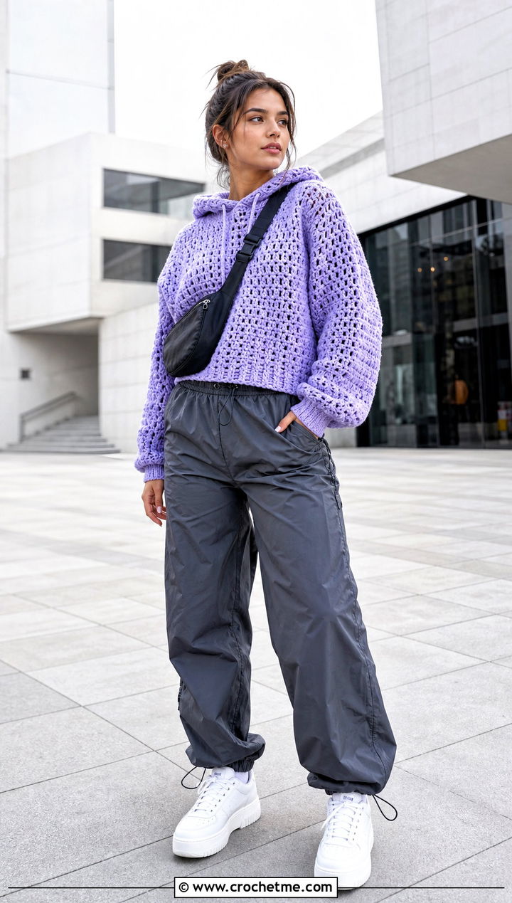 Hooded Puff Stitch Sweater With Parachute Pants - 20 Crochet Puff Stitch Sweater outfit ideas