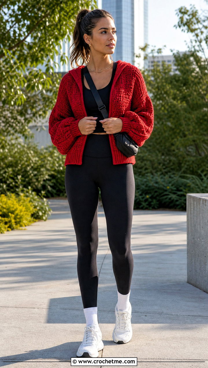 Hooded Puffy Sleeve Cardigan With Leggings - 25 Crochet Puffy Sleeves Cardigan outfit ideas