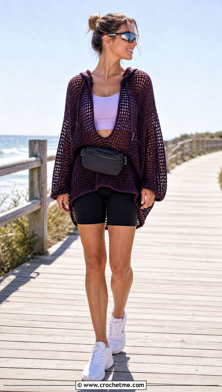 Hooded Pullover Crochet Coverup With Bike Shorts - 35 crochet coverups outfit ideas