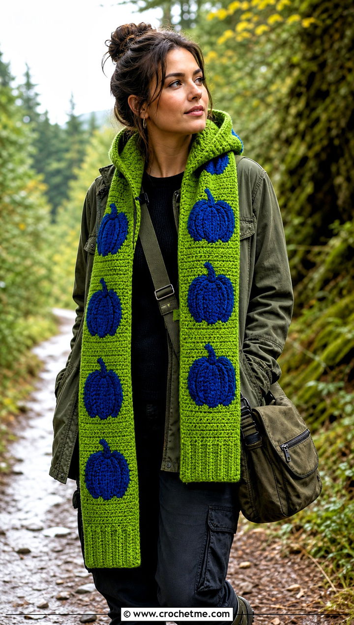 Hooded Pumpkin Scarf With Utility Jacket - 15 crochet pumpkin scarf outfit ideas
