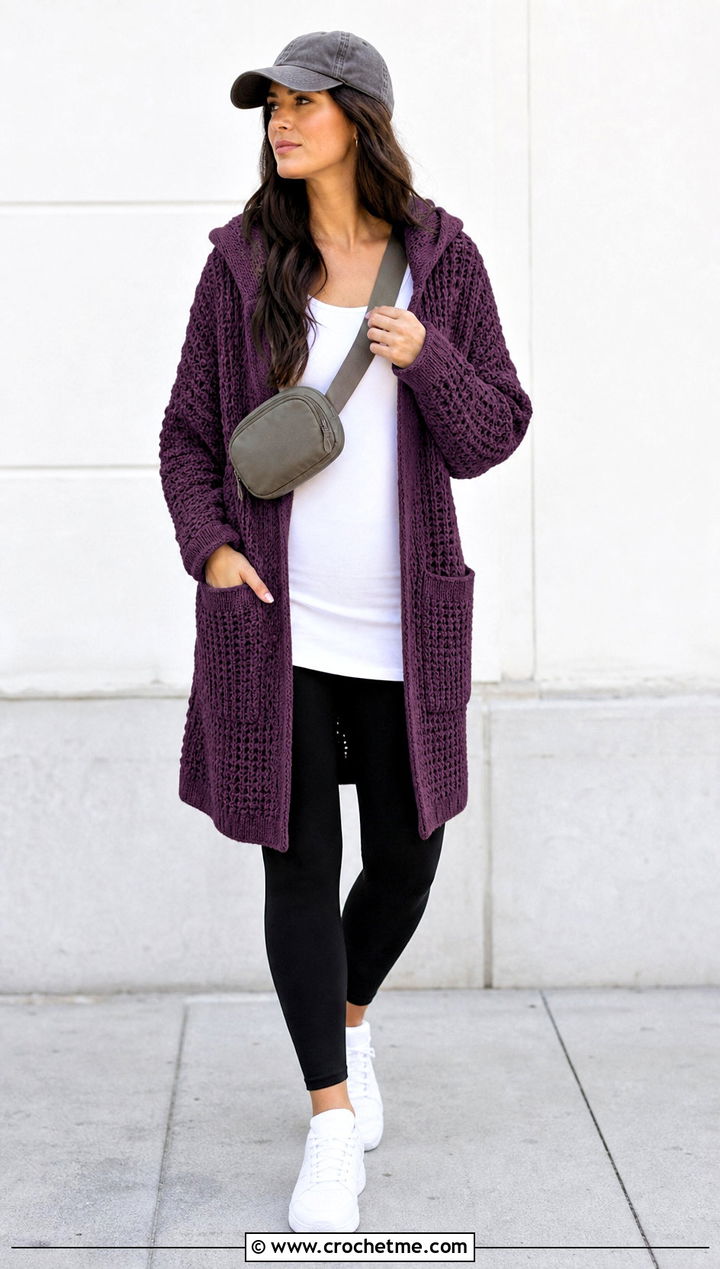 Hooded Purple Crochet Cardigan With Leggings - 35 purple crochet cardigan outfit ideas