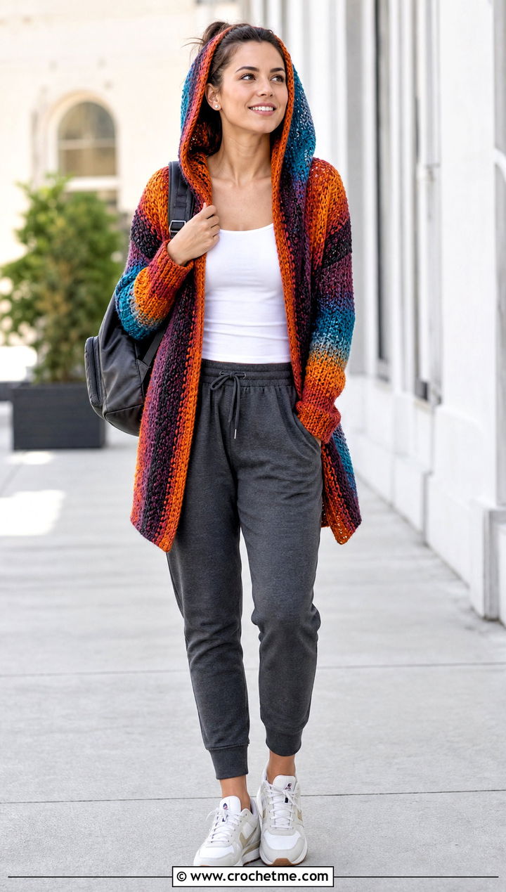 Hooded Rainbow Crochet Cardigan With Joggers - 25 Rainbow Crochet Cardigan outfit ideas