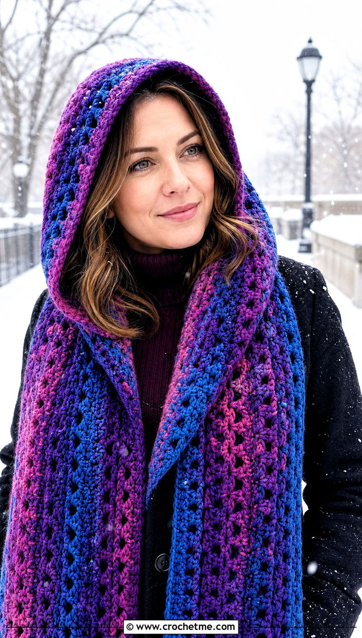 Hooded Rainbow Scarf With Wool Coat And Wide Leg Pants - 15 Crochet Rainbow Scarf outfit ideas