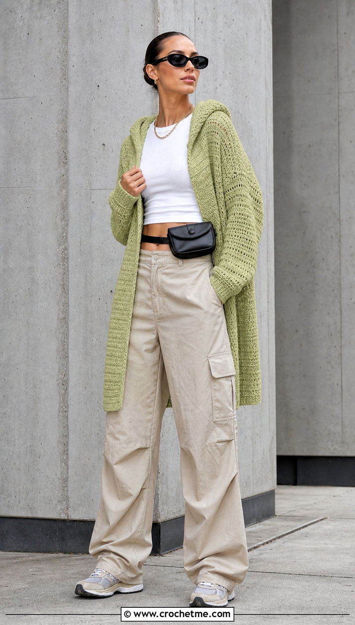 Hooded Rectangle Cardigan With Cargo Pants - 15 Crochet Rectangle Cardigan outfit ideas