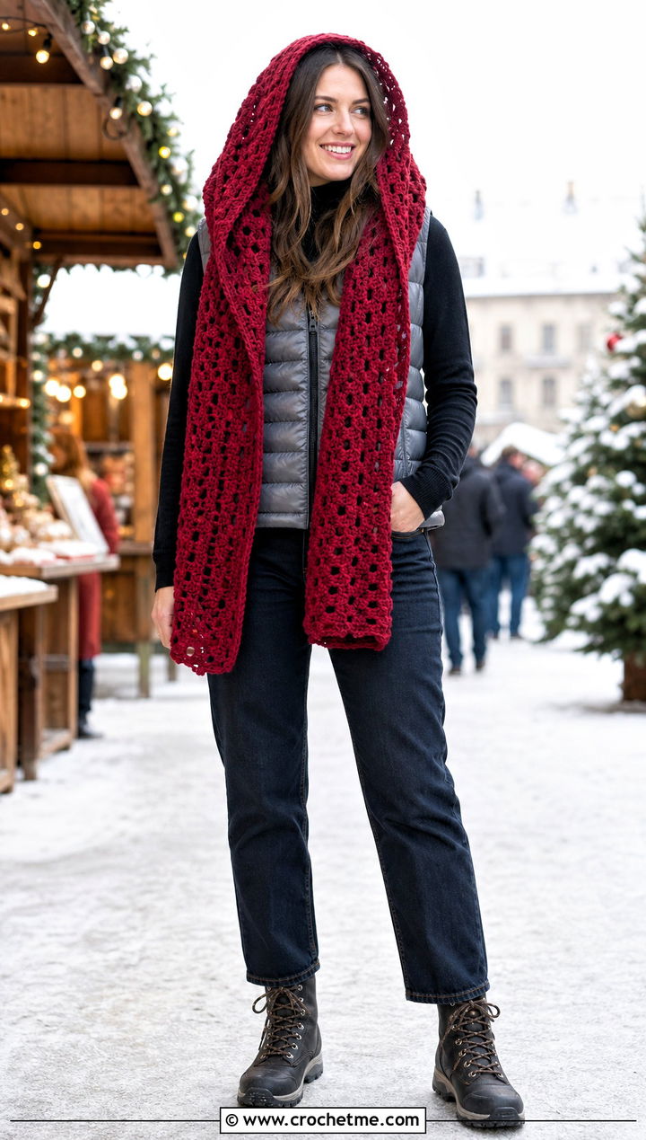 Hooded Rectangle Crochet Shawl With Puffer Vest - 25 Easy Rectangle Crochet Shawl outfit ideas
