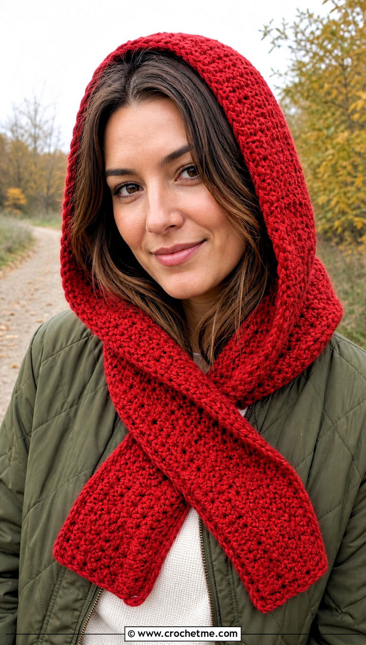 Hooded Red Crochet Scarf With Quilted Jacket - 25 taylor swift red crochet scarf outfit ideas