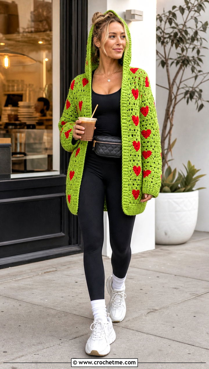 Hooded Red Heart Granny Square Cardigan With Leggings - 15 red heart granny square cardigan outfit ideas