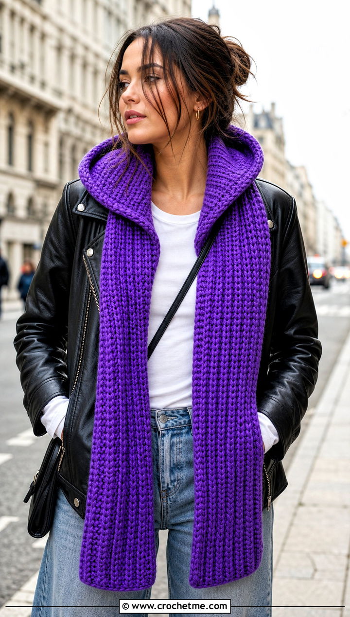 Hooded Ribbed Crochet Scarf With Leather Jacket - 20 Ribbed Crochet Scarf outfit ideas