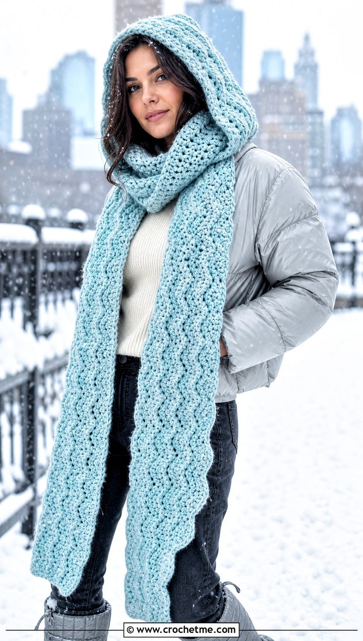 Hooded Ripple Stitch Crochet Scarf With Puffer Jacket - 15 ripple stitch crochet scarf outfit ideas