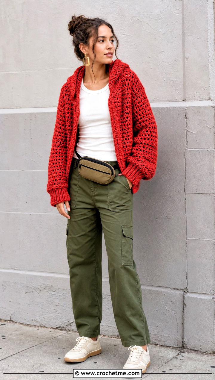 Hooded Riverbed Crochet Cardigan With Cargo Pants - 25 riverbed crochet cardigan outfit ideas
