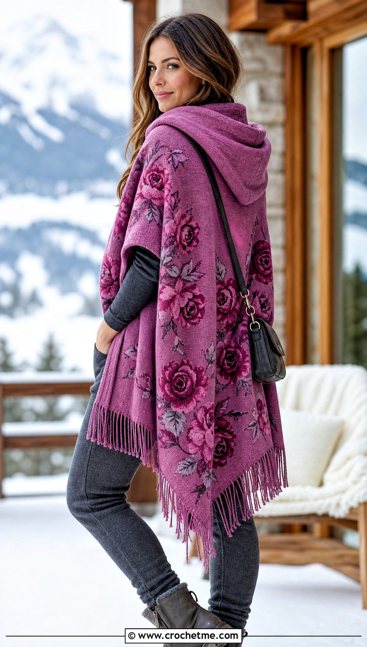 Hooded Rose Shawl With Knit Pants - 20 Crochet Rose Shawl outfit ideas