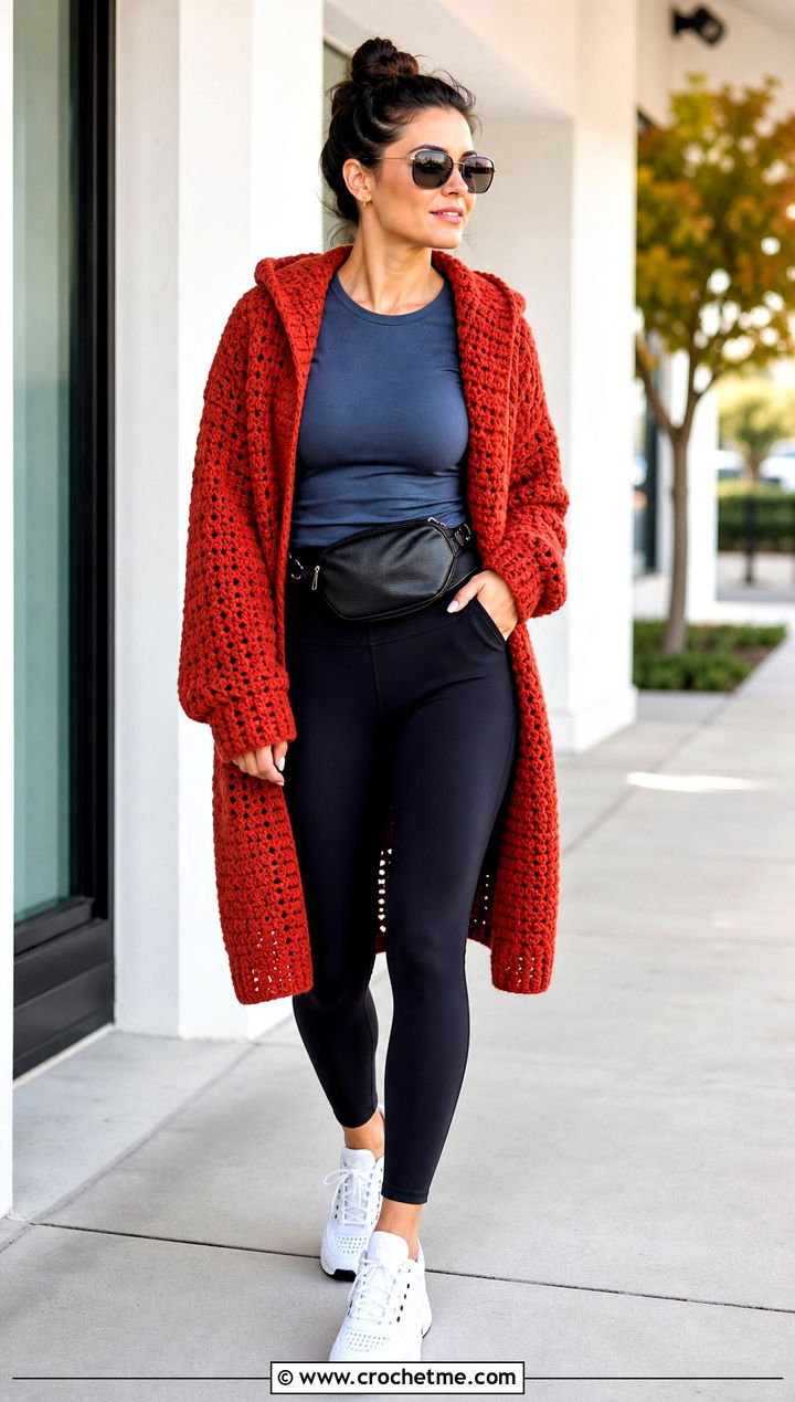 Hooded Rust Colored Crochet Cardigan With Leggings - 15 rust-colored crochet cardigan outfit ideas