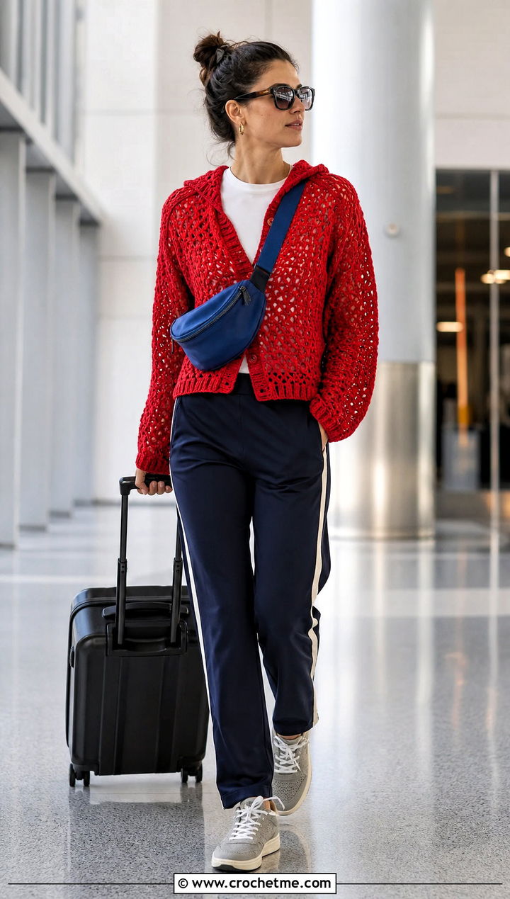 Hooded Rustic Red Crochet Sweater With Track Pants - 15 rustic red crochet sweater outfit ideas