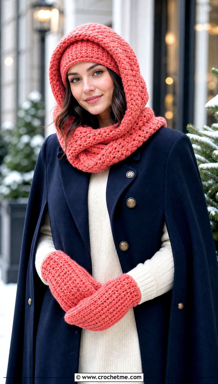 Hooded Scarf Crochet Set With Cape Coat - 20 Crochet Hat Mittens Scarf Set outfit ideas