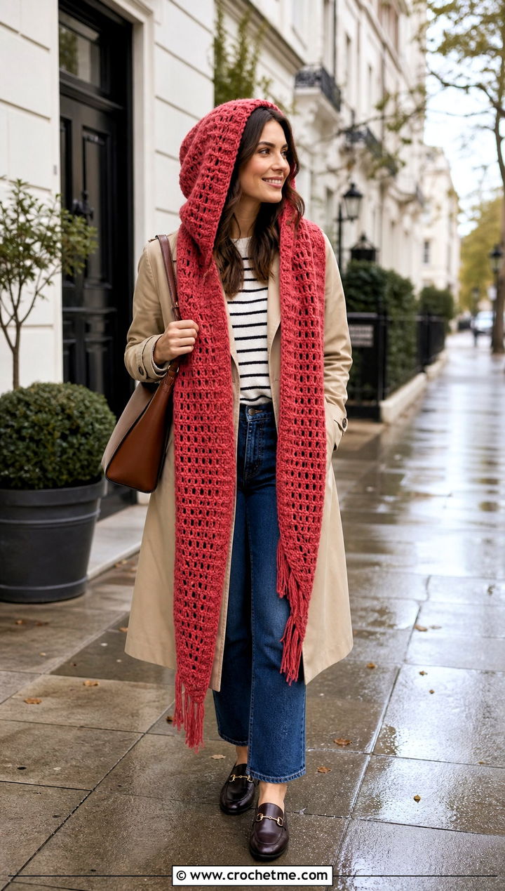 Hooded Scarf Shawl With Trench Coat And Ankle Jeans - 35 crochet hooded shawl outfit ideas