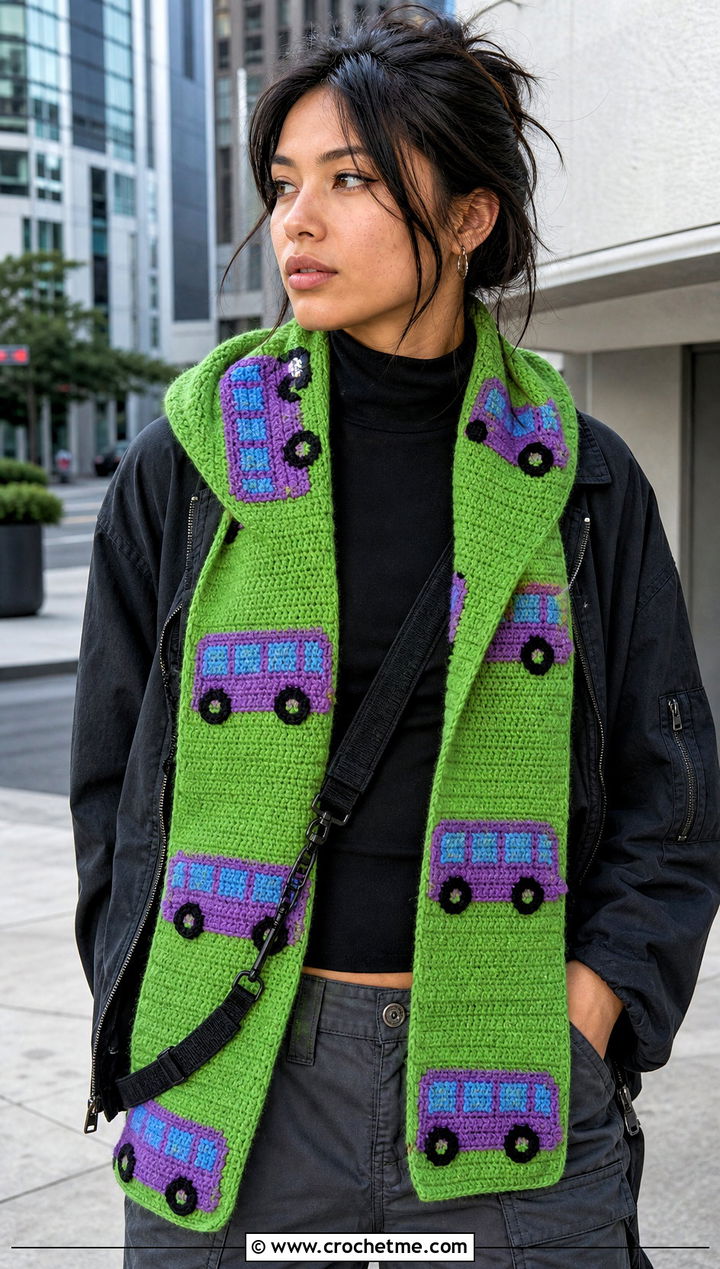 Hooded School Bus Scarf With Cargo Pants - 25 Crochet School Bus Scarf outfit ideas