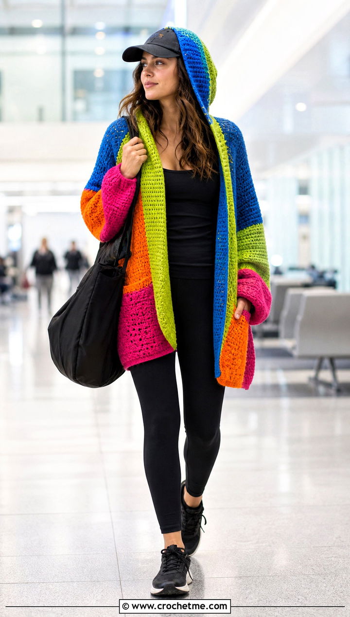 Hooded Scrap Cardigan With Leggings And Sneakers - 15 Crochet Scrap Cardigan outfit ideas
