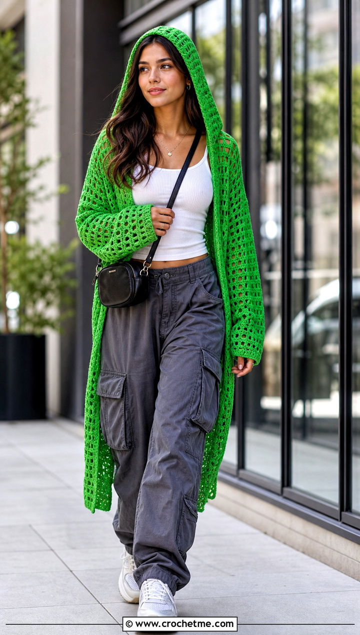 Hooded Shawl Crochet Cardigan With Cargo Pants - 25 Shawl Crochet Cardigan outfit ideas