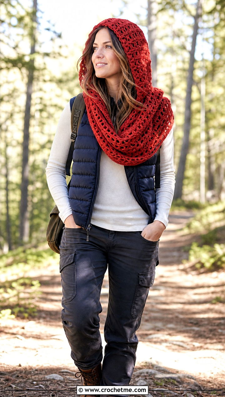 Hooded Shawl With Puffer Vest - 15 Lion Brand Crochet Shawl In A Ball outfit ideas
