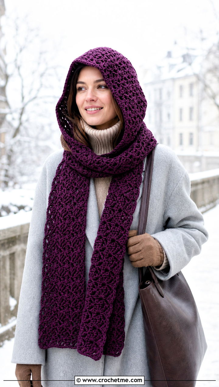 Hooded Shell Crochet Scarf With Winter Layers - 20 Shell Crochet Scarf outfit ideas