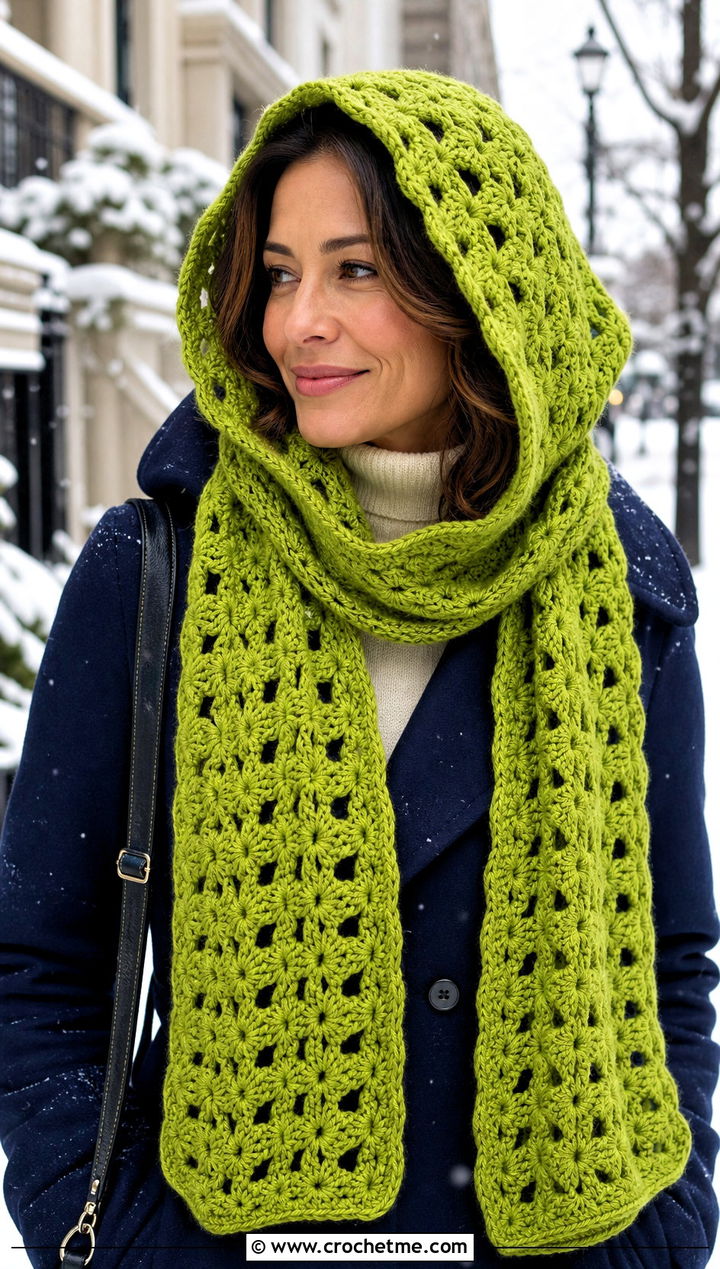 Hooded Shell Scarf With Long Coat And Boots - 25 crochet shell scarf outfit ideas