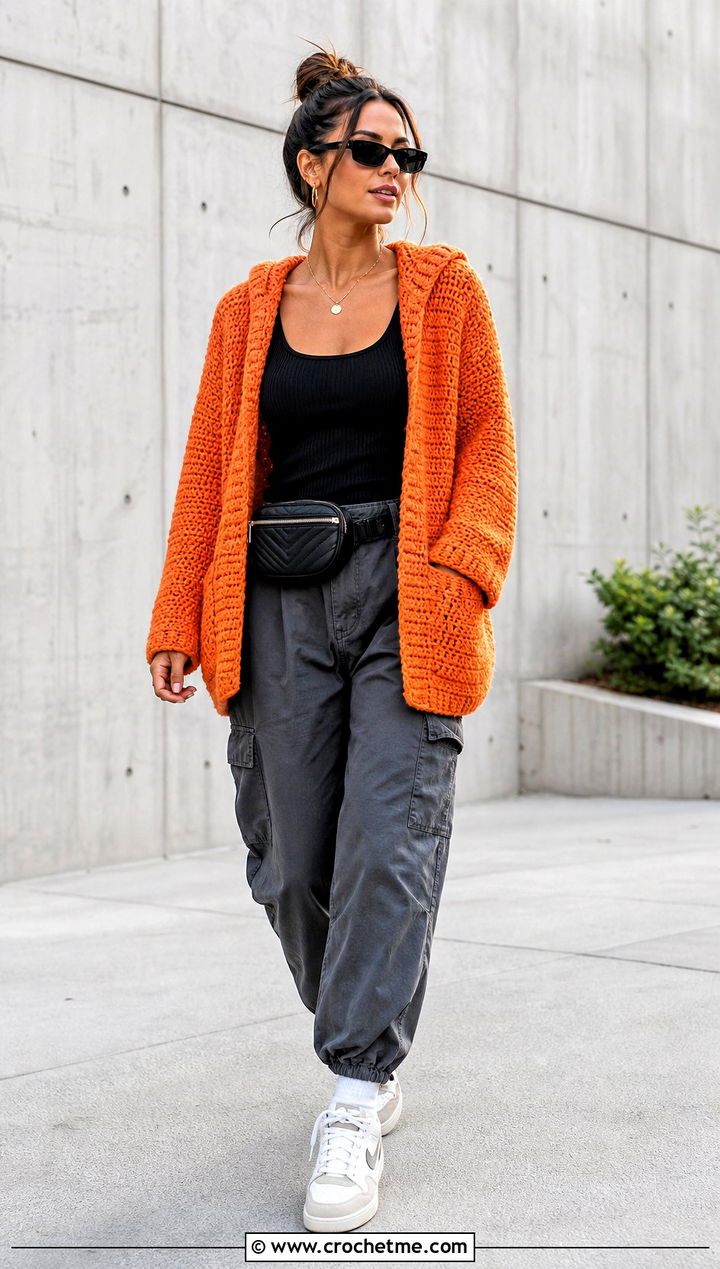 Hooded Single Crochet Cardigan With Cargo Pants - 25 single crochet cardigan outfit ideas