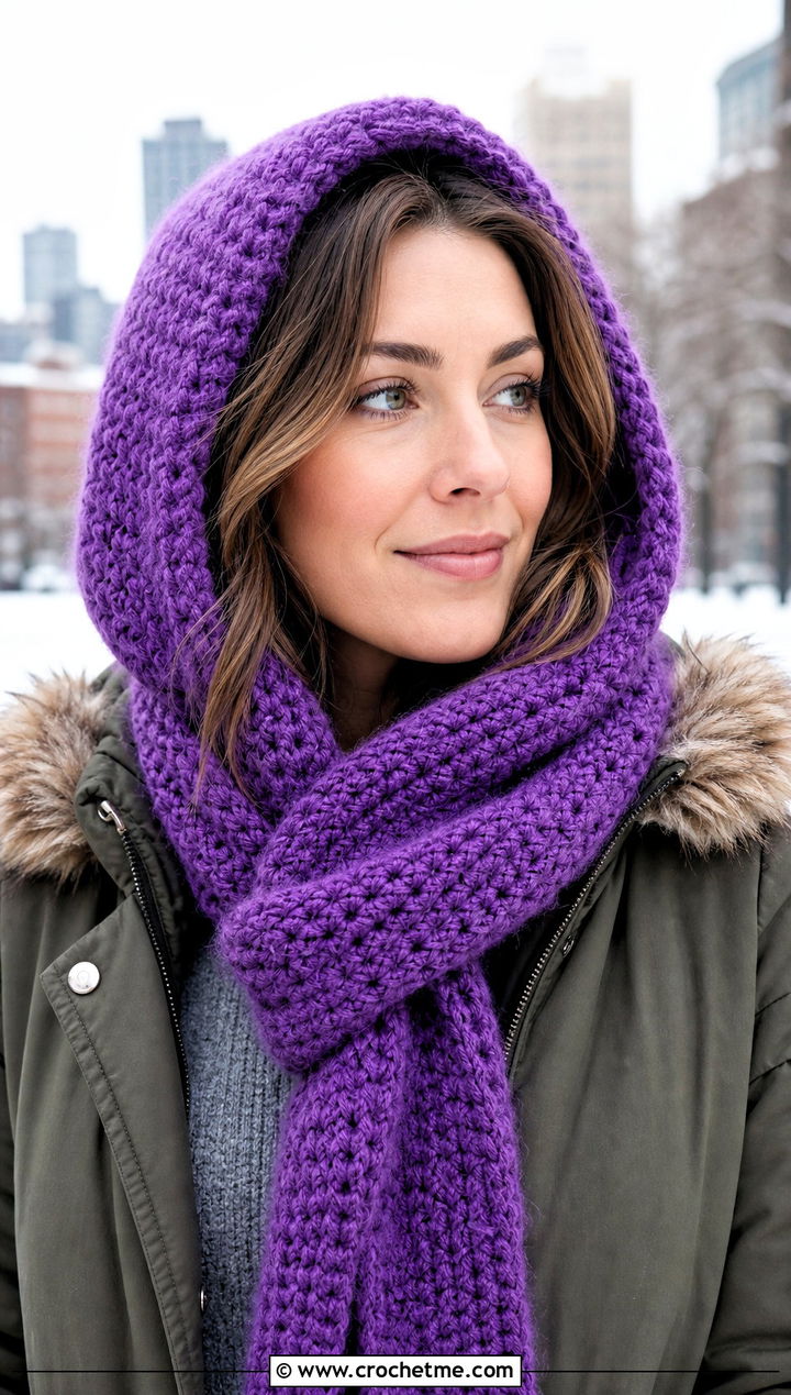 Hooded Single Crochet Scarf With Parka And Straight Leg Jeans - 25 Single Crochet Scarf outfit ideas