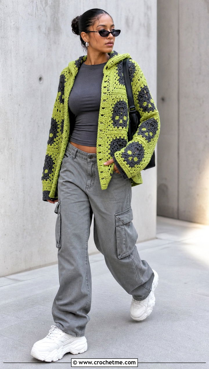 Hooded Skull Granny Square Cardigan With Cargo Pants - 30 skull granny square cardigan outfit ideas