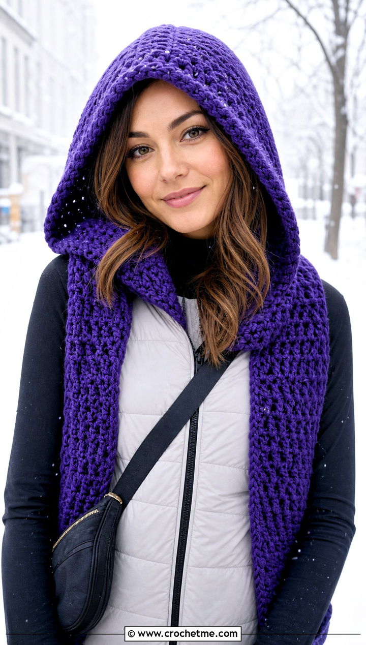 Hooded Sleeve Scarf With Puffer Vest - 25 crochet double sleeve scarf outfit ideas