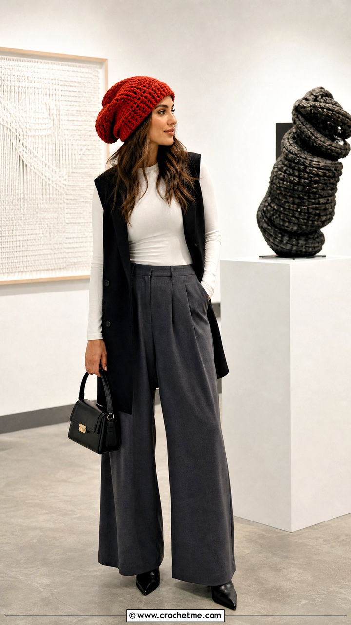 Hooded Slouchy Crochet Beanie With Longline Vest - 35 slouchy crochet beanie outfit ideas