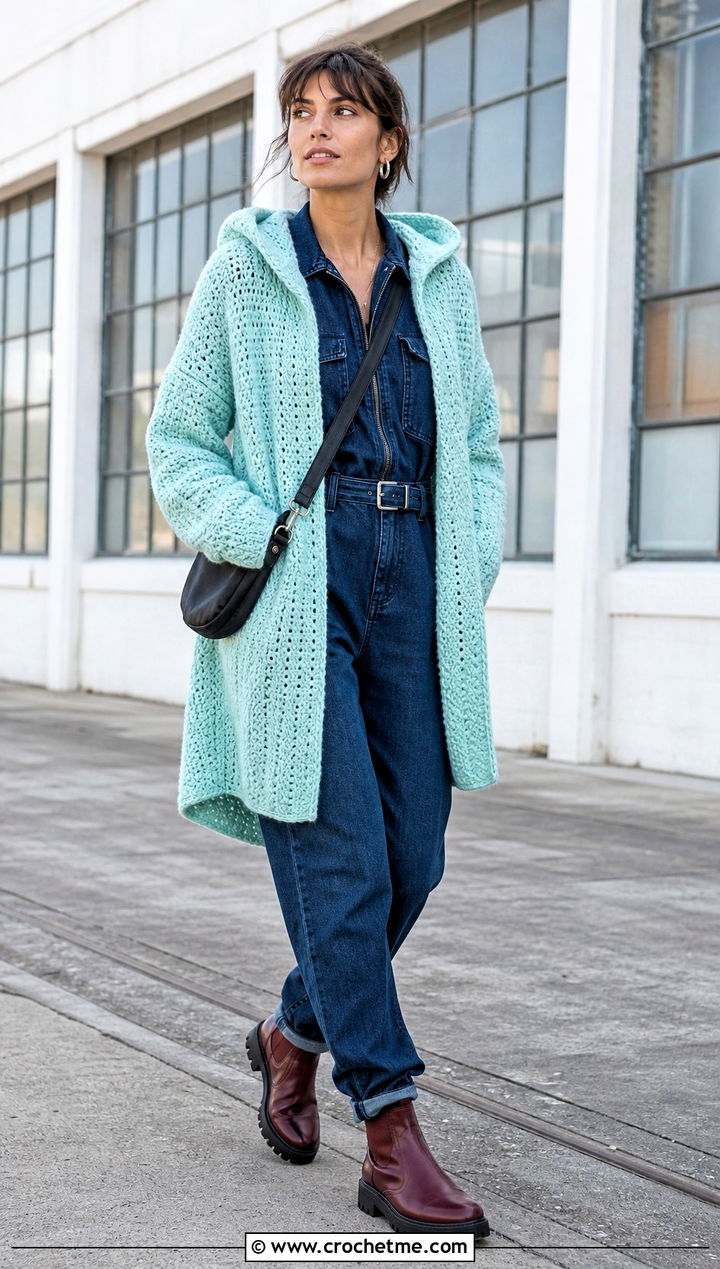 Hooded Slouchy Crochet Cardigan With A Denim Jumpsuit - 25 Slouchy Crochet Cardigan outfit ideas