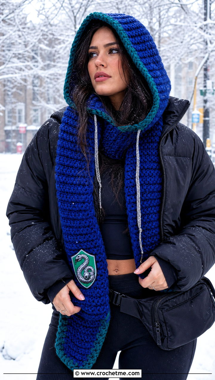 Hooded Slytherin Crochet Scarf With Puffer Jacket - 30 slytherin crochet scarf outfit ideas