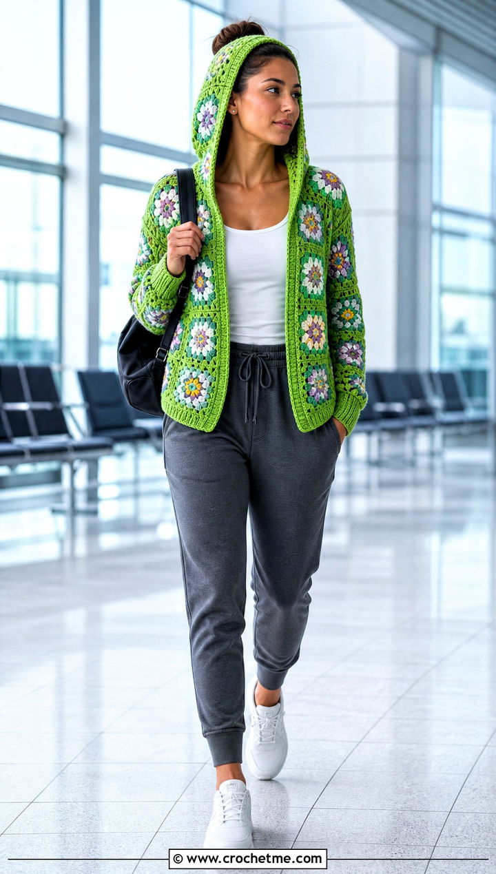 Hooded Small Granny Square Cardigan With Joggers - 25 Small Granny Square Cardigan outfit ideas