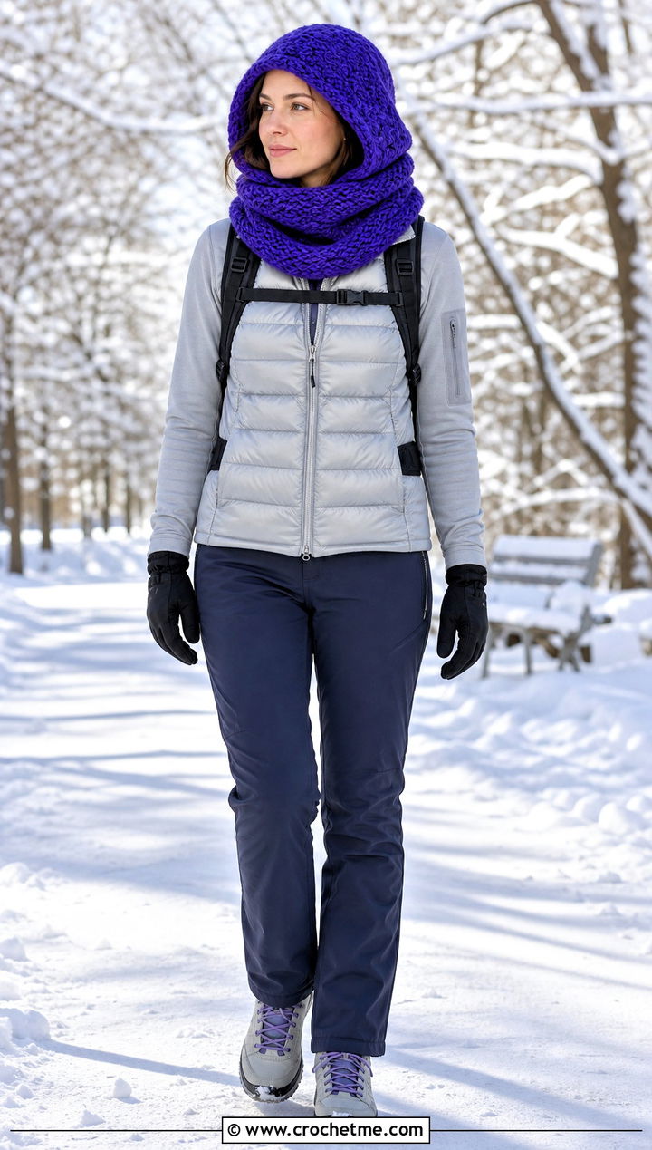 Hooded Snood Crochet Scarf With Puffer Vest - 35 cute crochet scarf outfit ideas