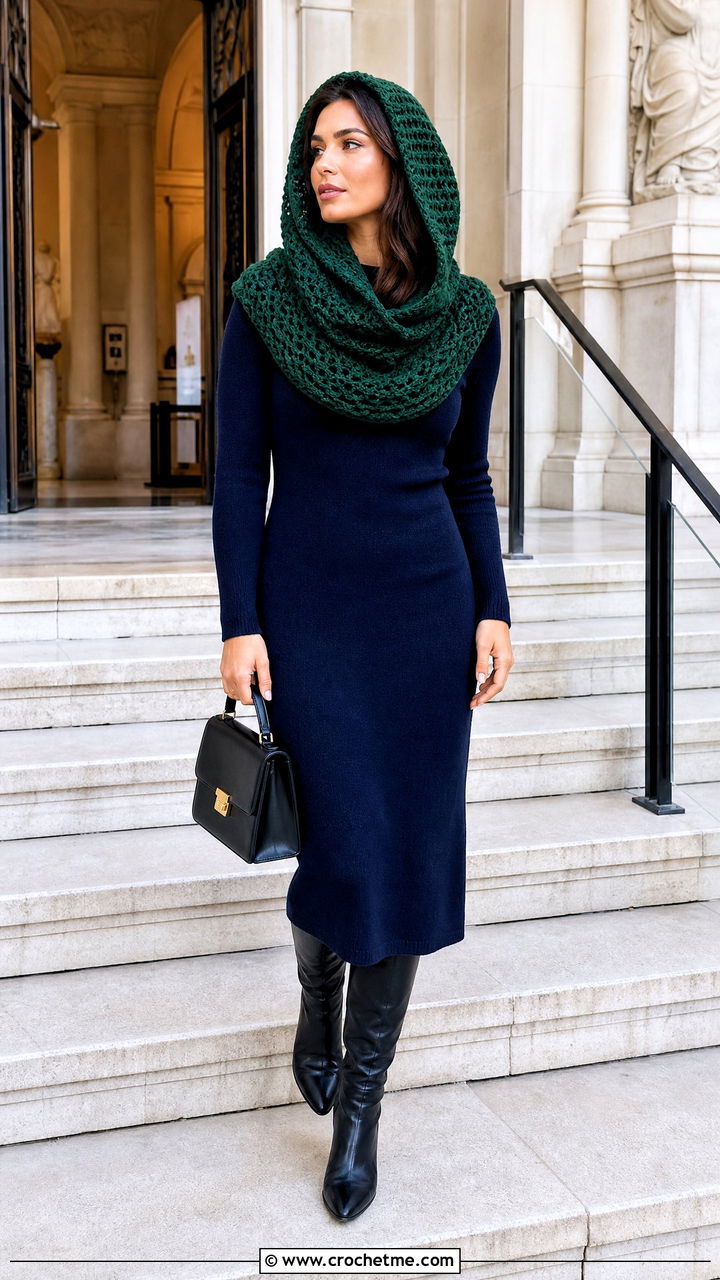 Hooded Snood Crochet Scarf With Sweater Dress - 35 crochet hood scarf outfit ideas