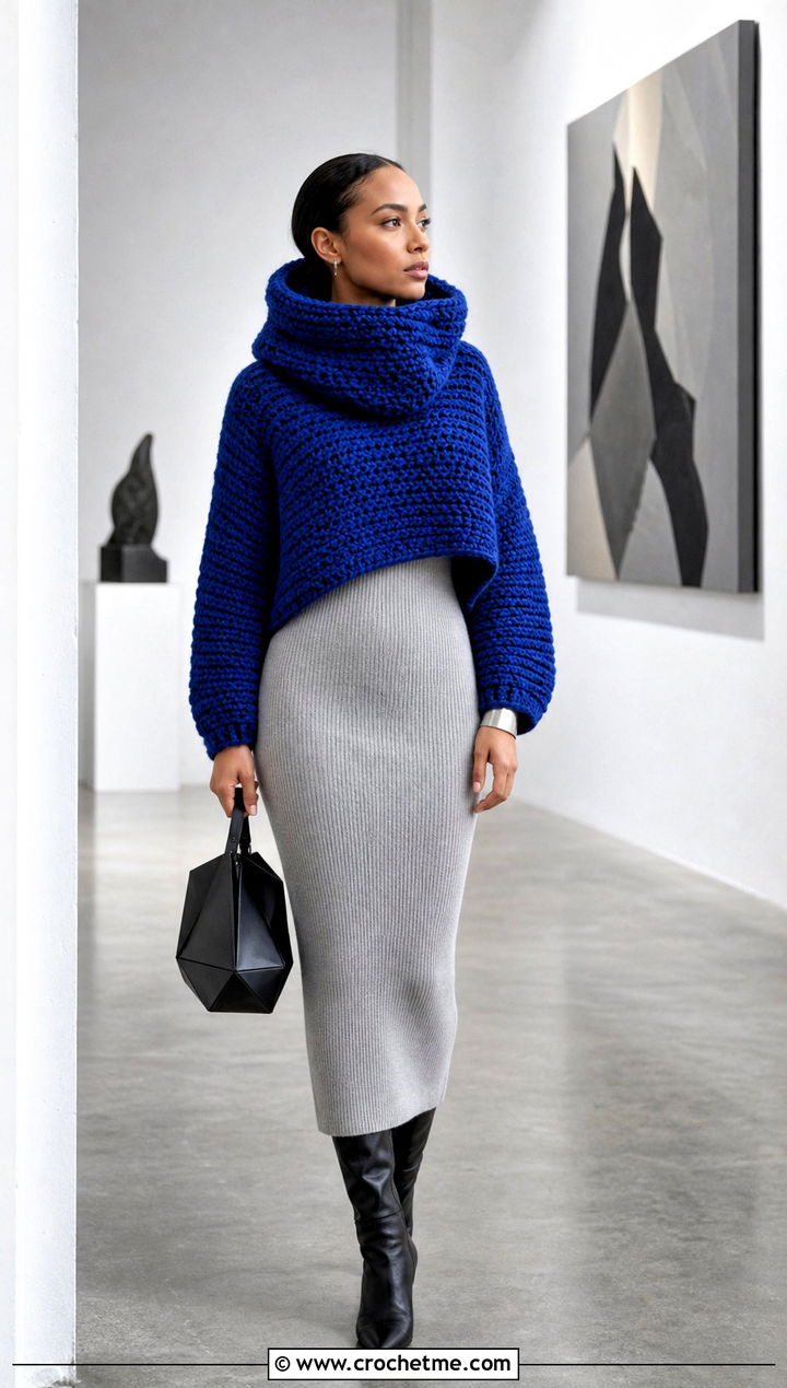 Hooded Snood Crochet Turtleneck Hoodie With Column Dress - 35 crochet turtleneck hoodie outfit ideas