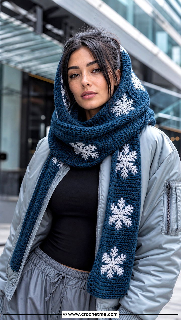 Hooded Snowflake Crochet Scarf With Bomber Jacket - 25 Snowflake Crochet Scarf outfit ideas