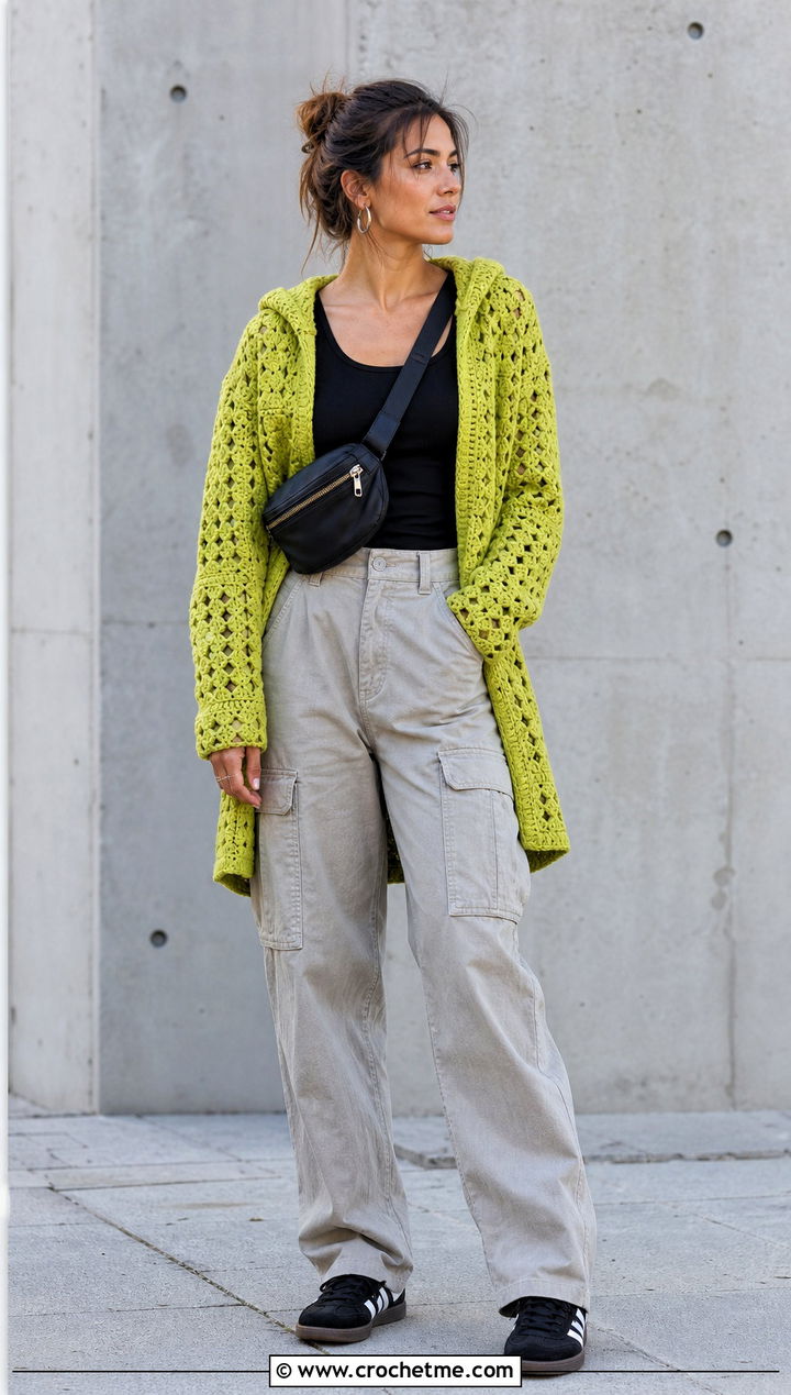 Hooded Solid Granny Square Cardigan With Cargo Pants - 20 Crochet Solid Granny Square Cardigan outfit ideas