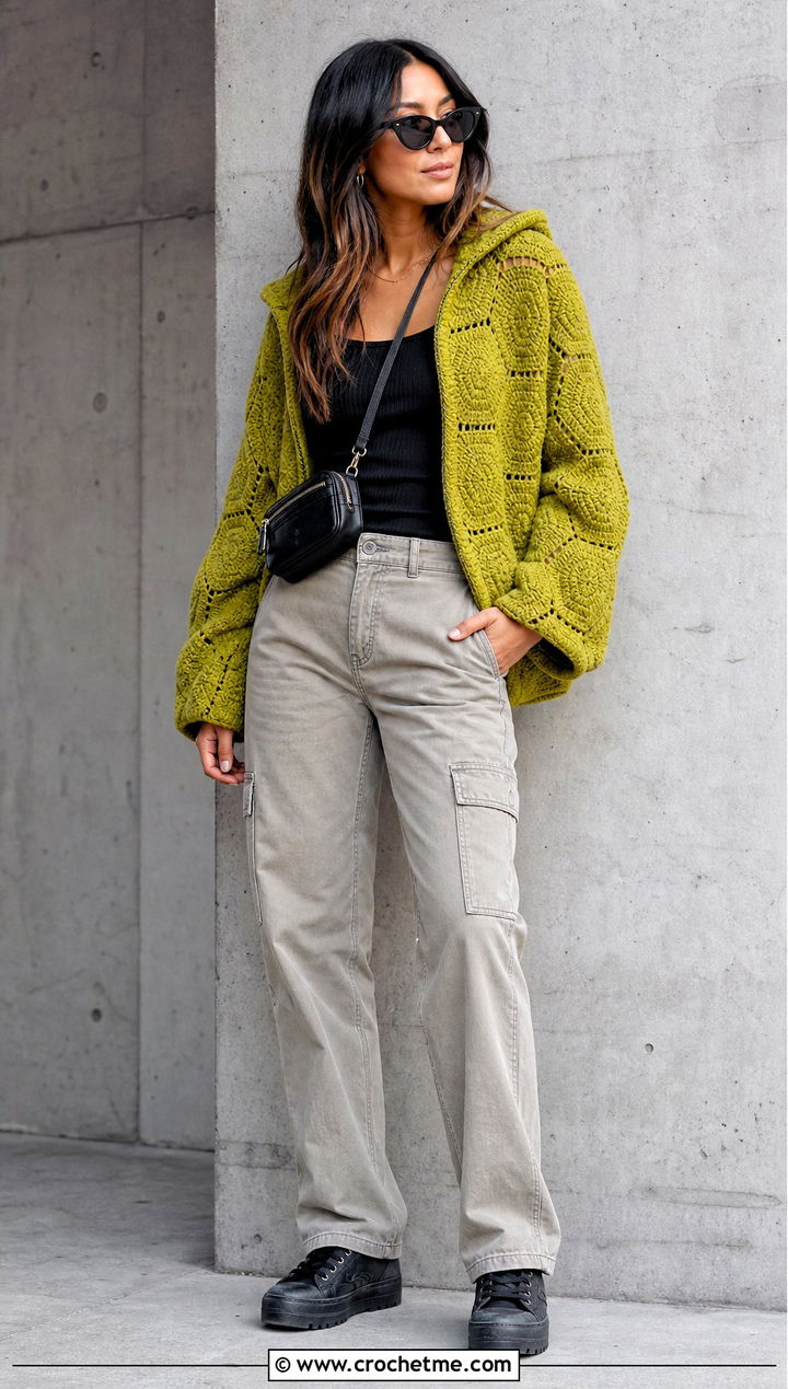 Hooded Solid Hexagon Cardigan With Cargo Pants - 30 crochet solid hexagon cardigan outfit ideas
