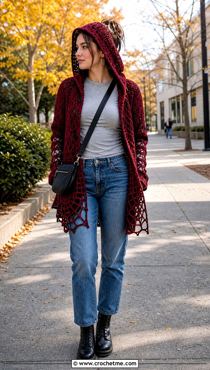 Hooded Spider Web Cardigan With Straight Leg Jeans - 25 Crochet Spider Web Cardigan outfit ideas