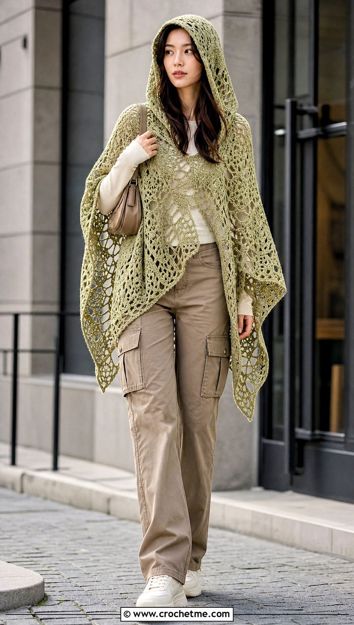 Hooded Spider Web Crochet Poncho With Cargo Pants - 20 Spider Web Crochet Poncho outfit ideas