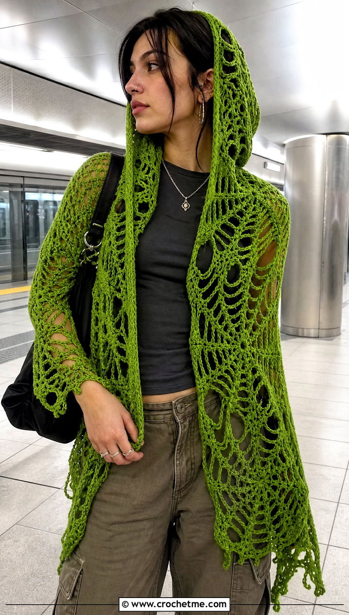 Hooded Spiderweb Crochet Shawl With Cargo Pants - 30 spiderweb crochet shawl outfit ideas