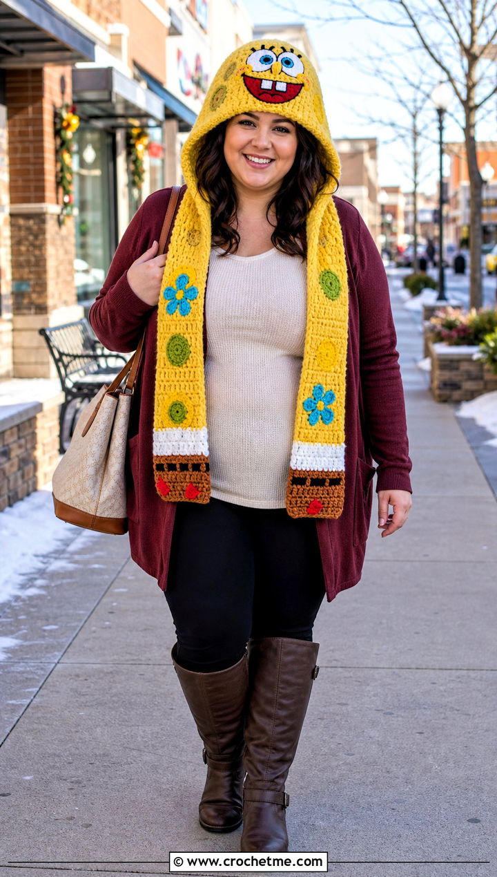 Hooded SpongeBob Crochet Scarf Hat With Long Cardigan And Leggings - 35 crochet spongebob hat outfit ideas