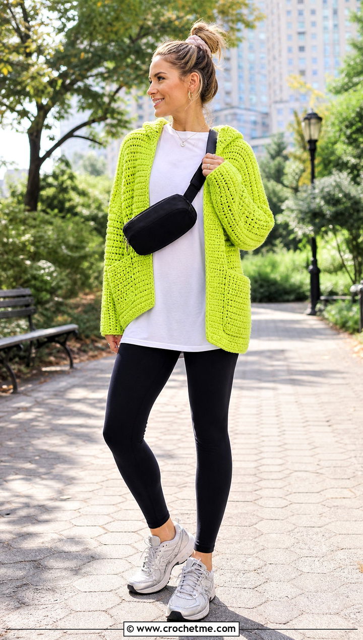 Hooded Square Cardigan With Leggings - 30 crochet square cardigan outfit ideas
