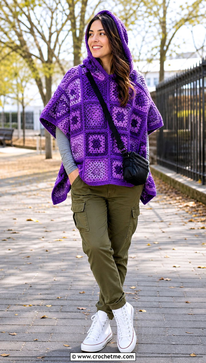 Hooded Square Poncho With Cargo Pants - 30 crochet square poncho outfit ideas